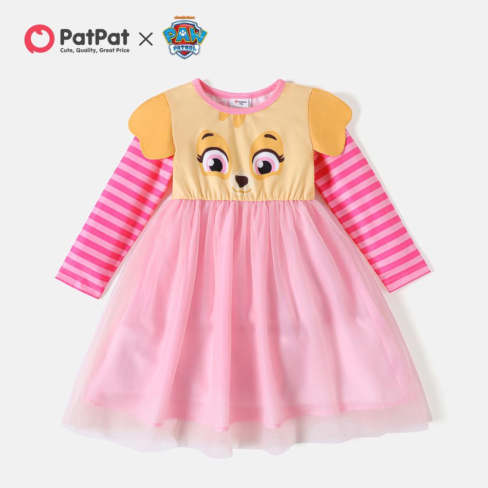 PAW Patrol Toddler Girl Striped Mesh Splice Long-sleeve Dress Pink big image 1