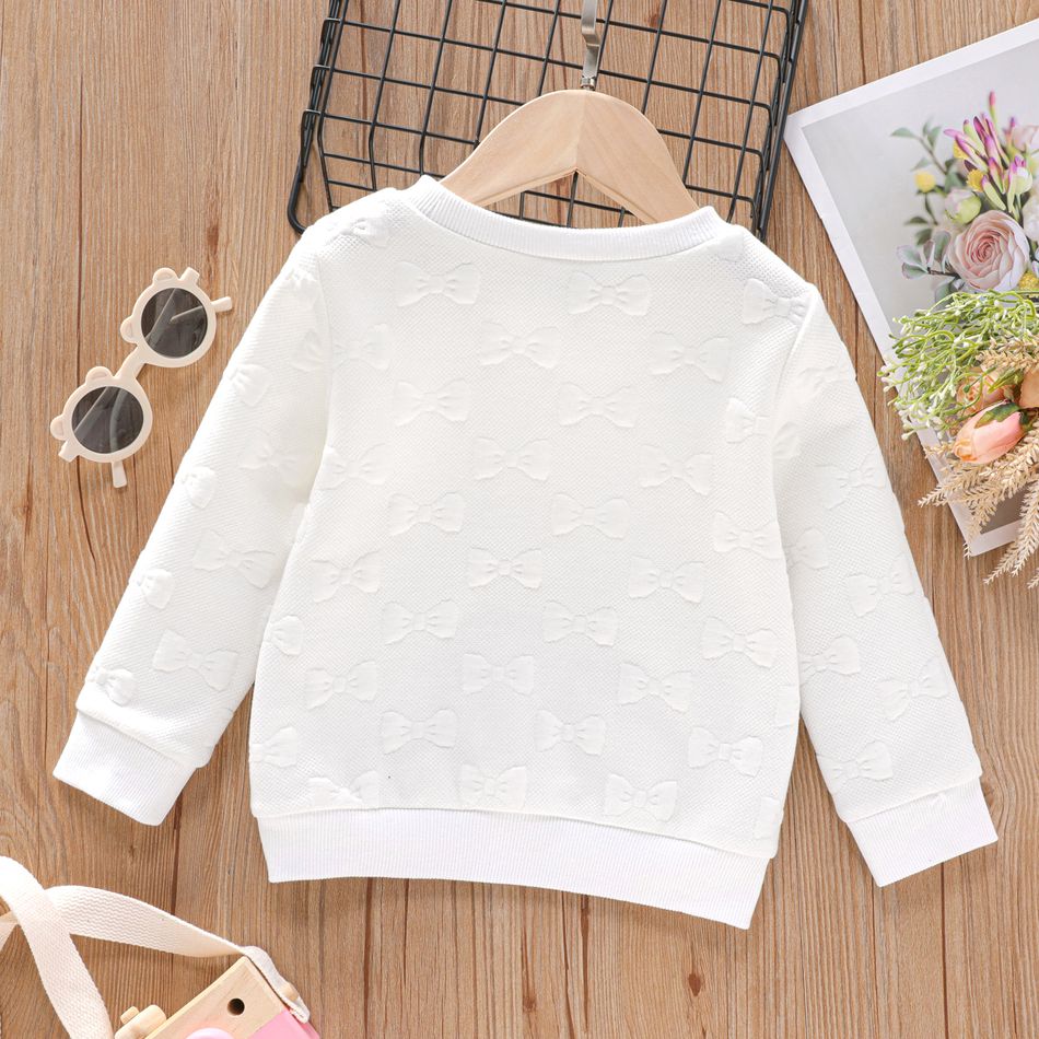 Toddler Girl Solid Color Bowknot Textured Pullover Sweatshirt White big image 2