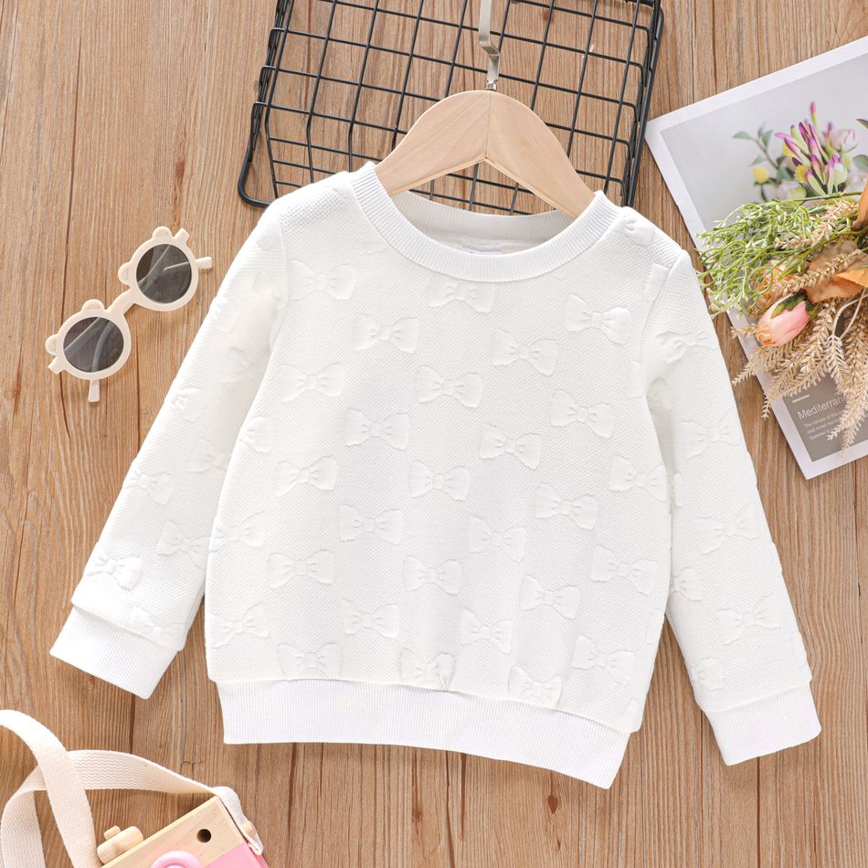 Toddler Girl Solid Color Bowknot Textured Pullover Sweatshirt White