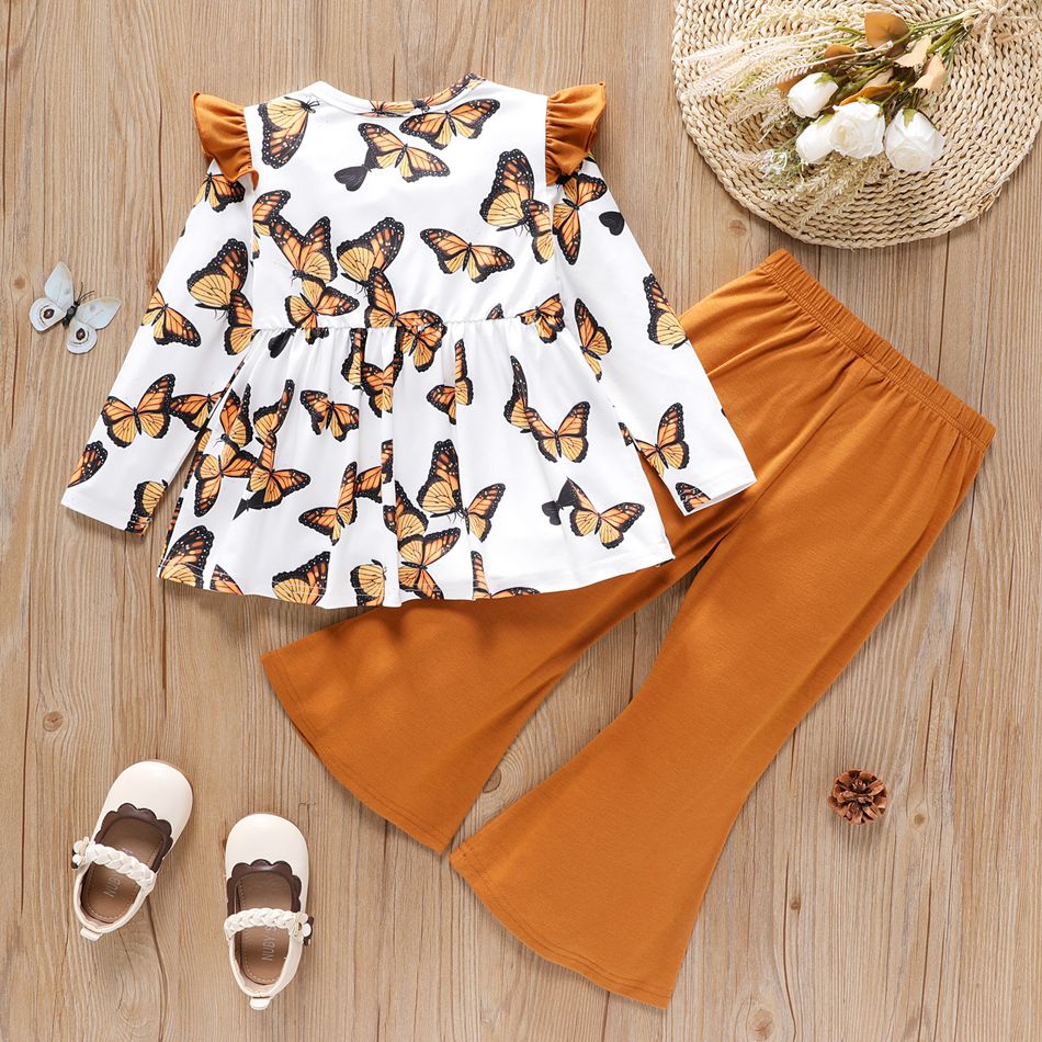 2pcs Toddler Girl Butterfly Print Ruffled Long-sleeve Tee and Flared Pants Set YellowBrown big image 2