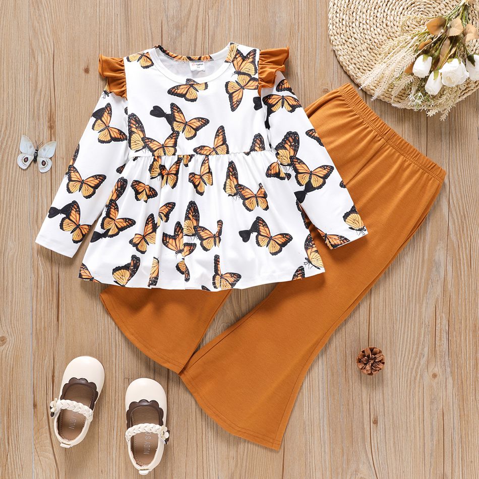 2pcs Toddler Girl Butterfly Print Ruffled Long-sleeve Tee and Flared Pants Set YellowBrown big image 1