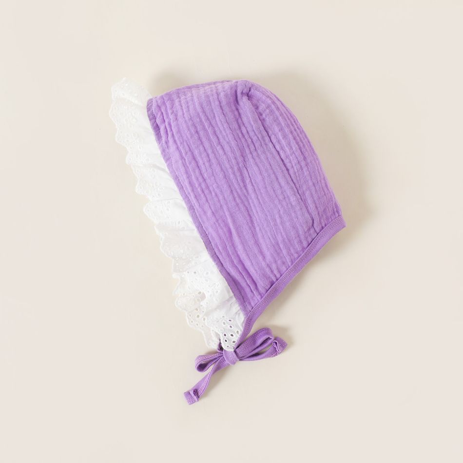 Baby Girl 100% Cotton 3pcs Crepe Ruffle Decor Long-sleeve Top and Pants with Hat Purple Set Light Purple big image 3