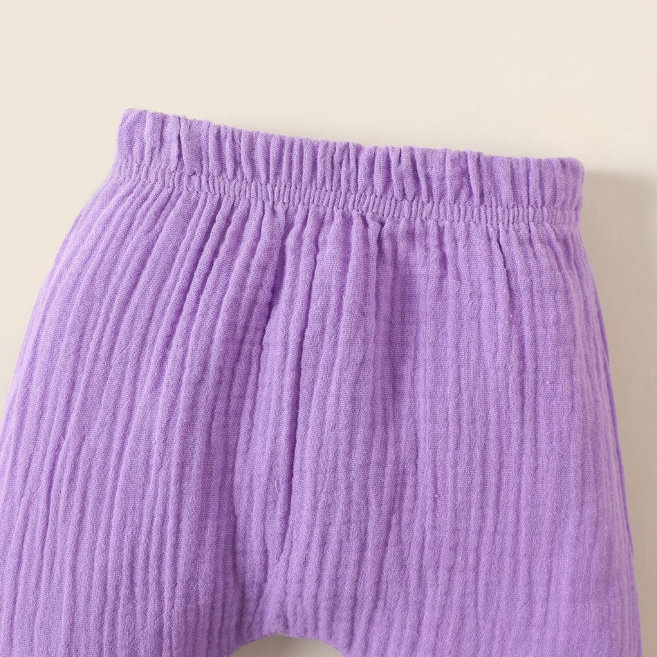 Baby Girl 100% Cotton 3pcs Crepe Ruffle Decor Long-sleeve Top and Pants with Hat Purple Set Light Purple