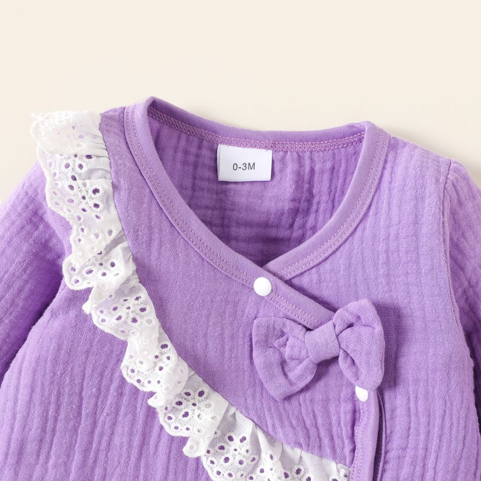 Baby Girl 100% Cotton 3pcs Crepe Ruffle Decor Long-sleeve Top and Pants with Hat Purple Set Light Purple big image 4