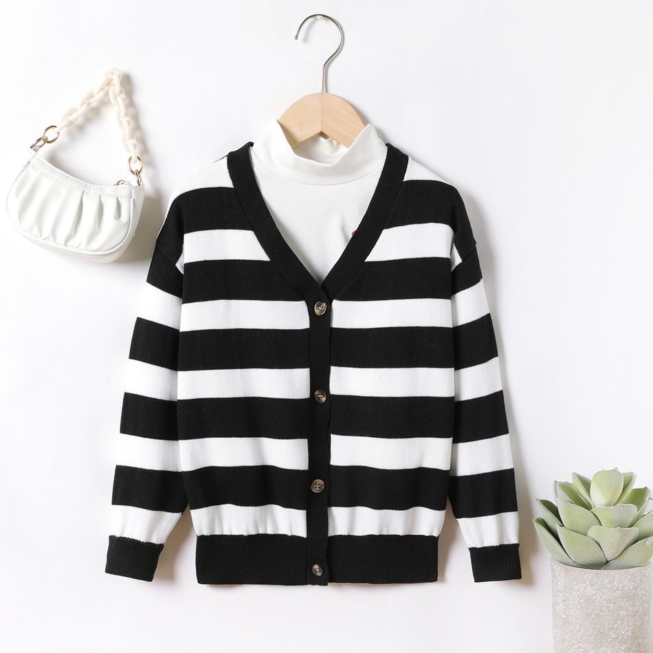 Kid Boy/Kid Girl Stripe Button Design Cardigan Sweater Black/White