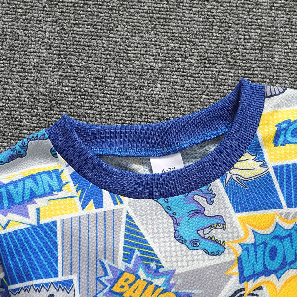 2pcs Kid Boy Faux-two Dinosaur Print Pullover Sweatshirt and Pants Set Royal Blue big image 2