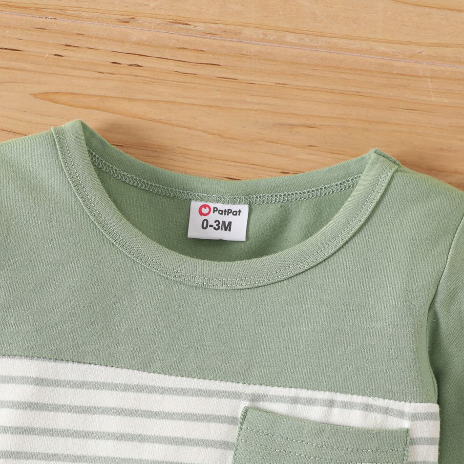 Baby Boy/Girl 95% Cotton Long-sleeve Striped Colorblock Jumpsuit Green big image 3