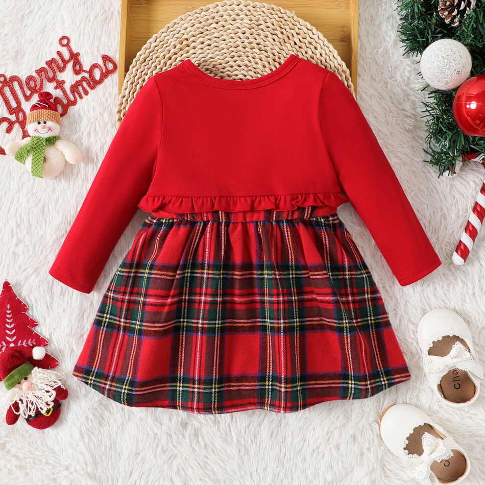 Baby Girl Red Faux-two Long-sleeve Ruffle Trim Bow Front Plaid Dress Red big image 2
