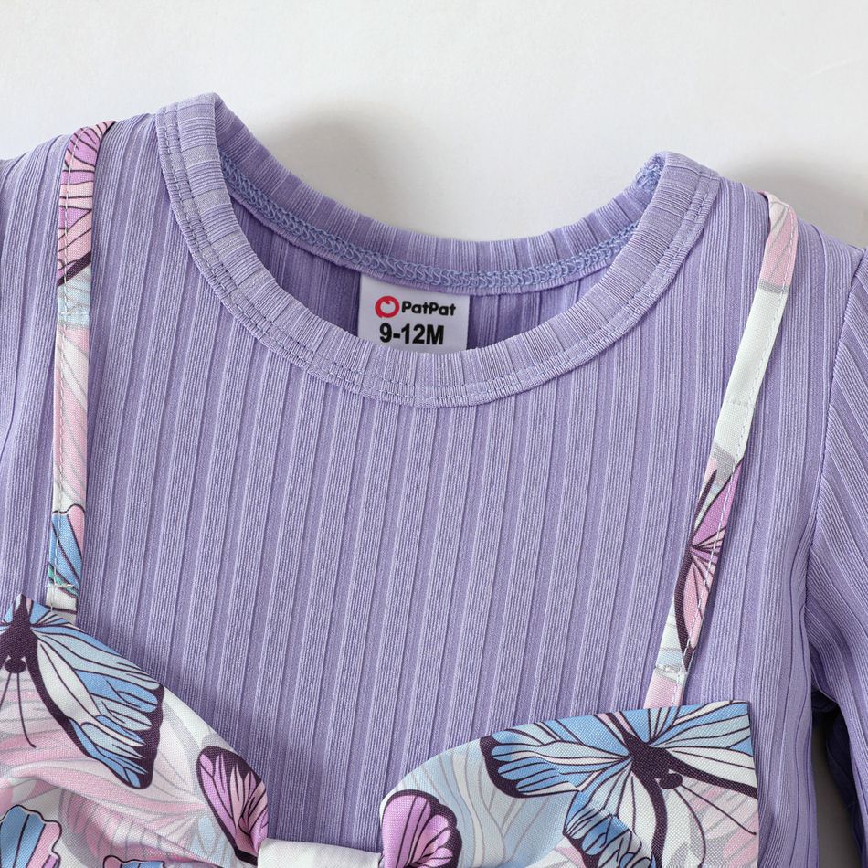 Baby Girl Solid Rib Knit Spliced Allover Butterfly Print Bow Front Long-sleeve Dress pinkpurple big image 3