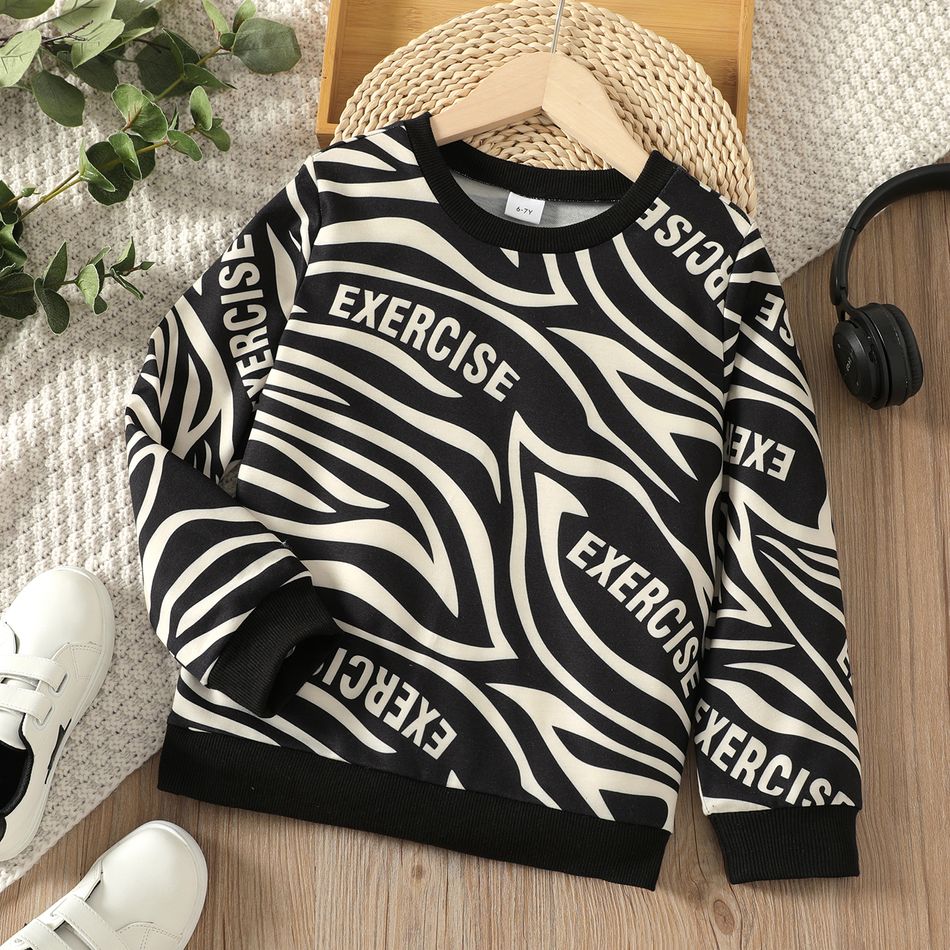 Kid Boy Letter Zebra Stripe Print Black Pullover Sweatshirt Black
