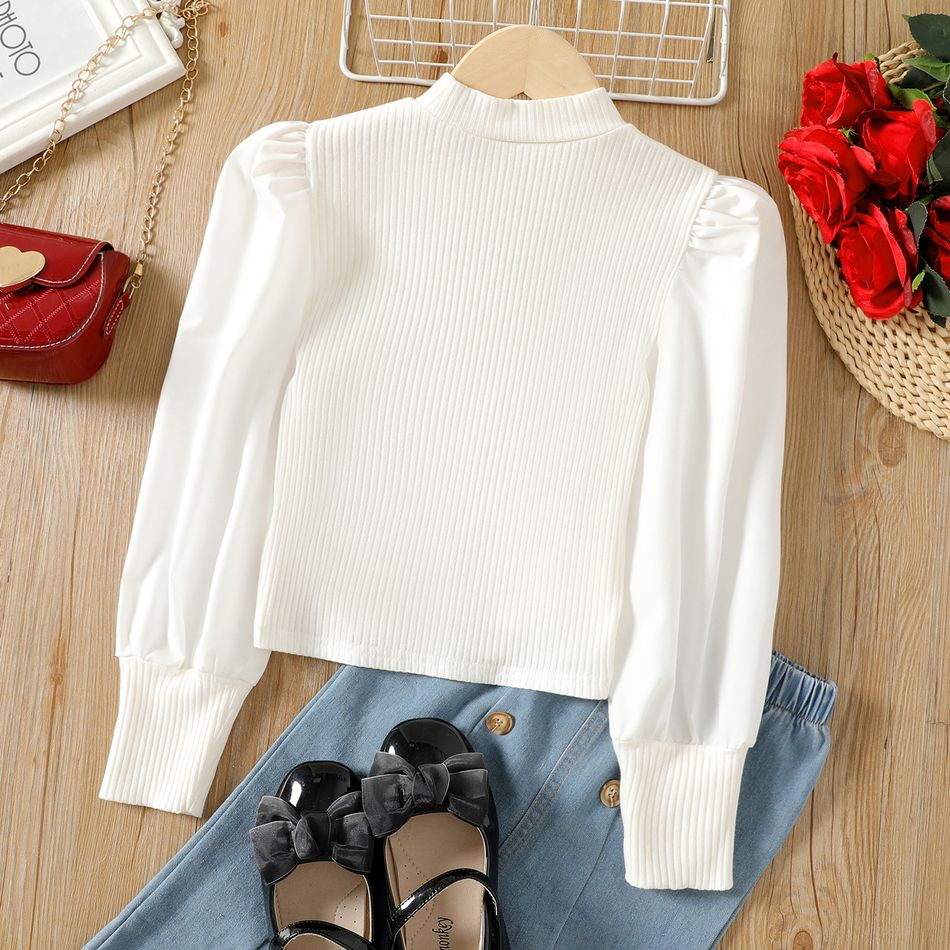 Kid Girl Mock Neck Ribbed Puff-sleeve Cotton White Tee OffWhite big image 4