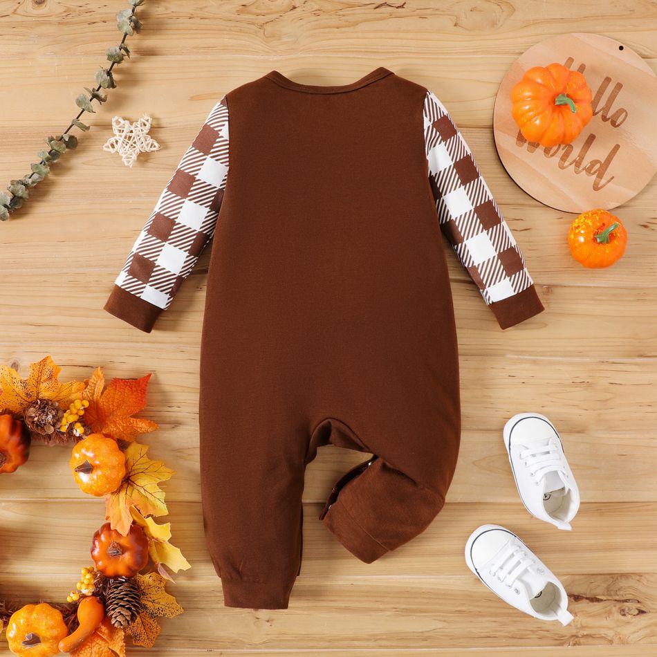 Thanksgiving Day Baby Boy Bow Front Letter Print Spliced Plaid Long-sleeve Jumpsuit Brown big image 2