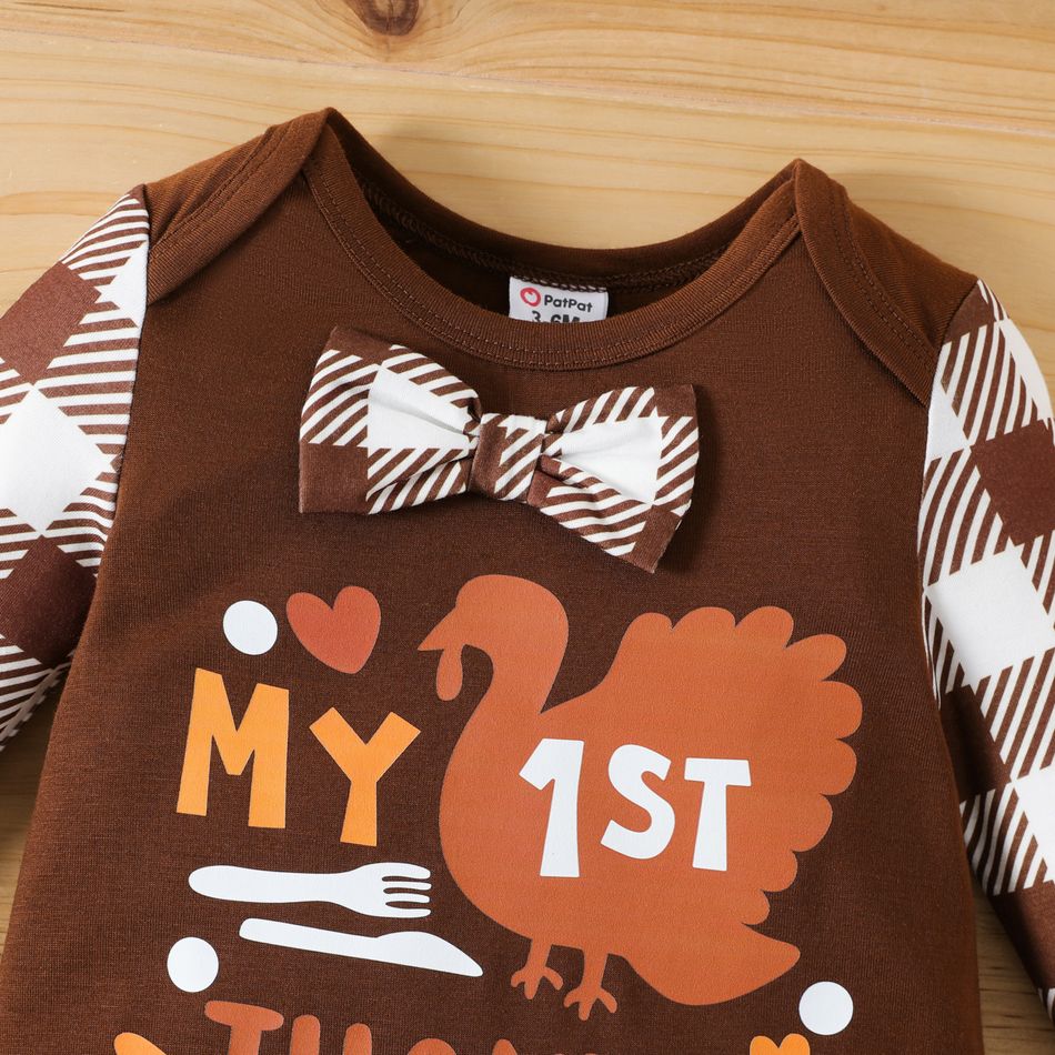 Thanksgiving Day Baby Boy Bow Front Letter Print Spliced Plaid Long-sleeve Jumpsuit Brown big image 3