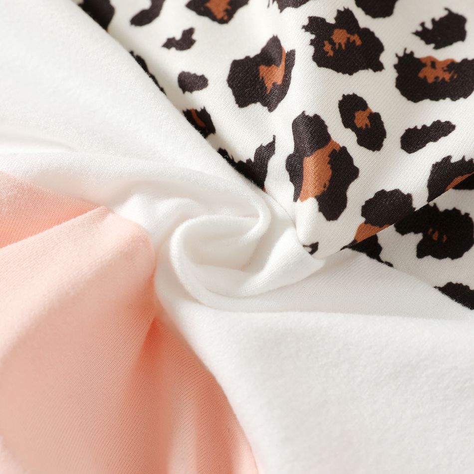 2pcs Kid Girl Leopard Print Colorblock Tie Knot Long-sleeve Te and Black Leggings Set Pink big image 5