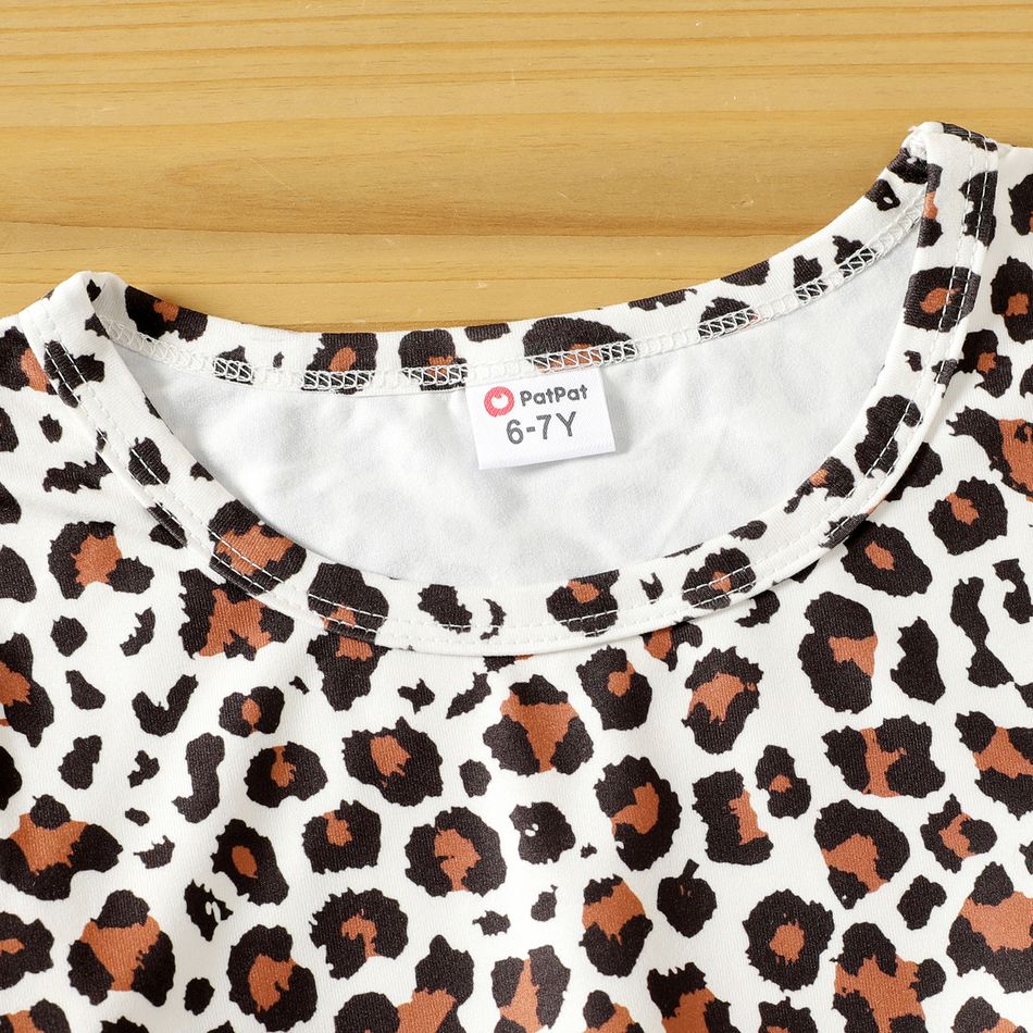 2pcs Kid Girl Leopard Print Colorblock Tie Knot Long-sleeve Te and Black Leggings Set Pink big image 3