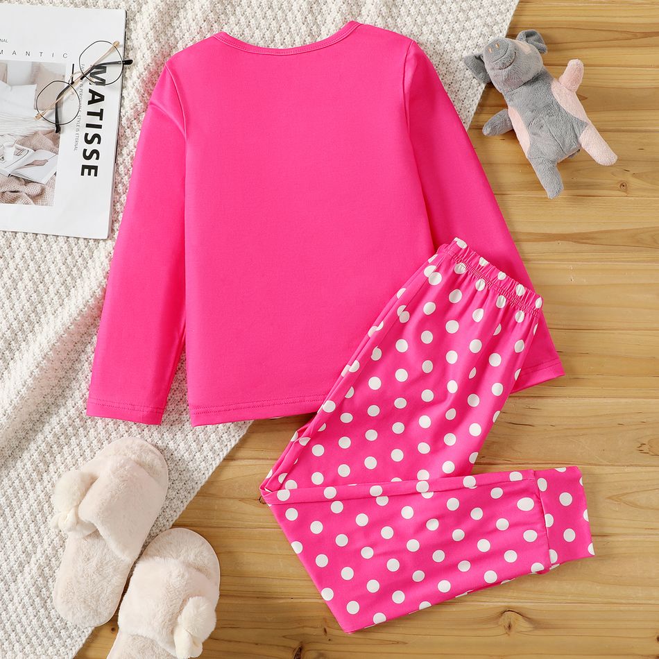 2pcs Kid Girl Unicorn Print Long-sleeve Tee and Polka dots Pants Pajamas Sleepwear Set Pink big image 2