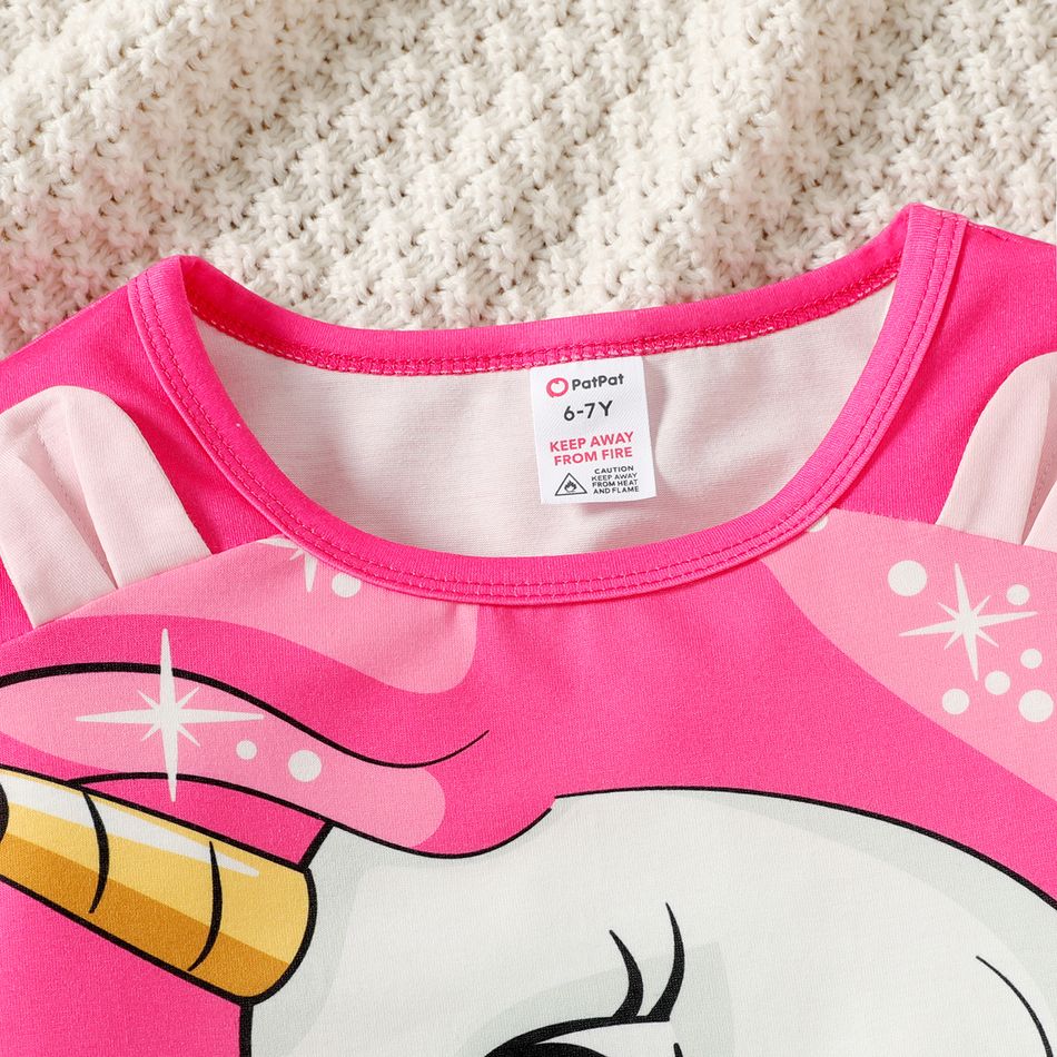 2pcs Kid Girl Unicorn Print Long-sleeve Tee and Polka dots Pants Pajamas Sleepwear Set Pink big image 4