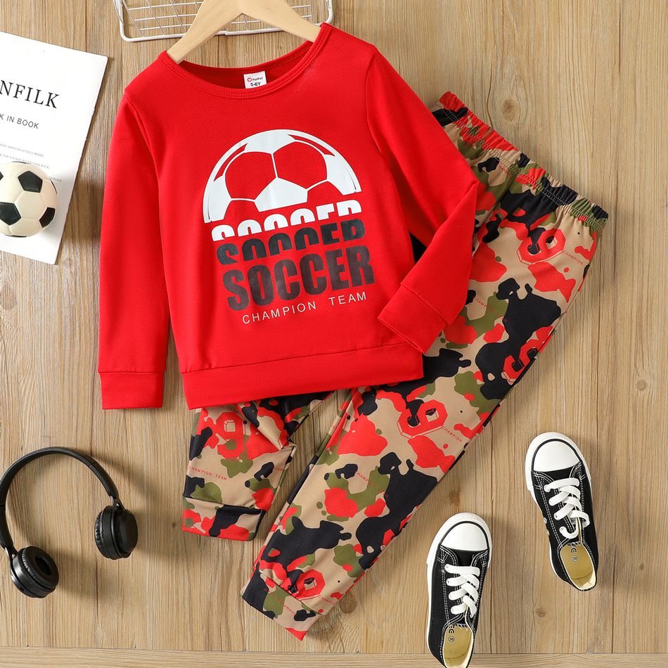 2pcs Kid Boy Letter Soccer Print Pullover Sweatshirt and Camouflage Print Pants Set Red