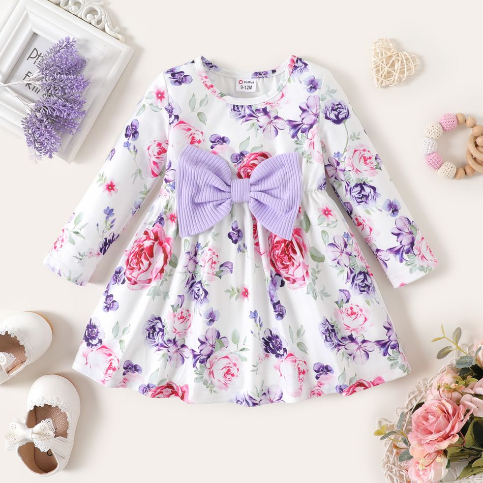 2-Pack Baby Girl Solid Rib Knit and Floral Print Bow Front Long-sleeve Dresses Set ColorBlock