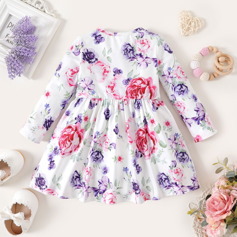 2-Pack Baby Girl Solid Rib Knit and Floral Print Bow Front Long-sleeve Dresses Set ColorBlock big image 3
