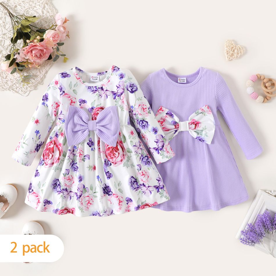 2-Pack Baby Girl Solid Rib Knit and Floral Print Bow Front Long-sleeve Dresses Set ColorBlock big image 2