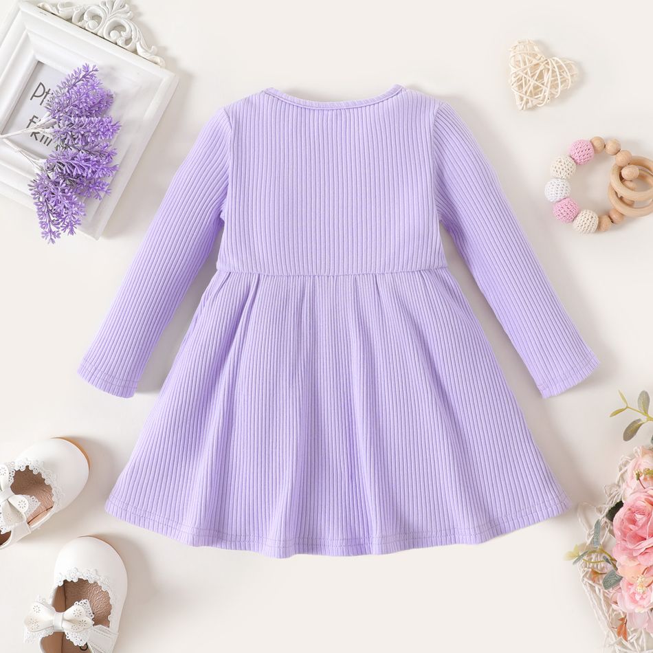 2-Pack Baby Girl Solid Rib Knit and Floral Print Bow Front Long-sleeve Dresses Set ColorBlock big image 8
