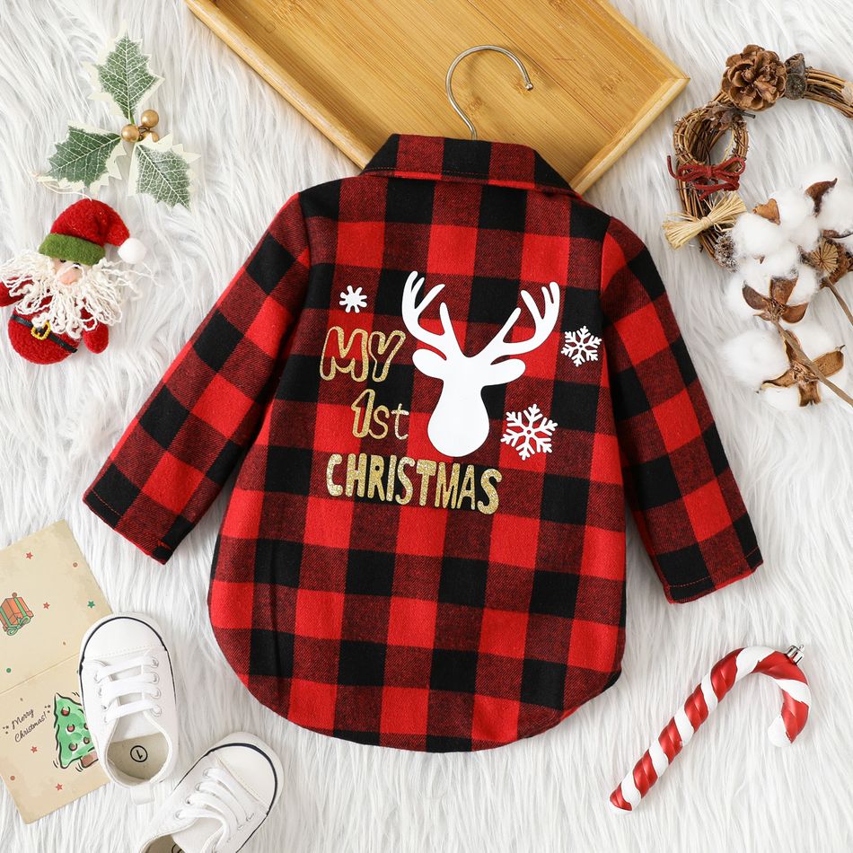Christmas Baby Boy Red Plaid Long-sleeve Button Front Romper with Pocket redblack big image 2