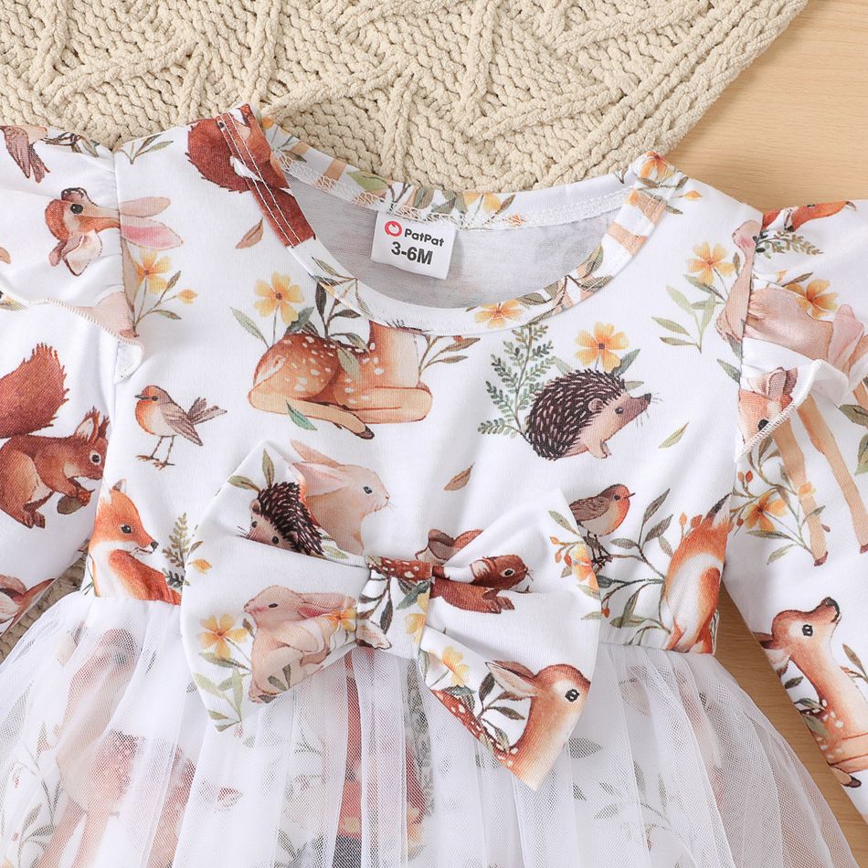 2pcs Baby Girl Allover Animal Print Ruffle Long-sleeve Bow Front Spliced Mesh Romper with Headband Set Apricot brown big image 3