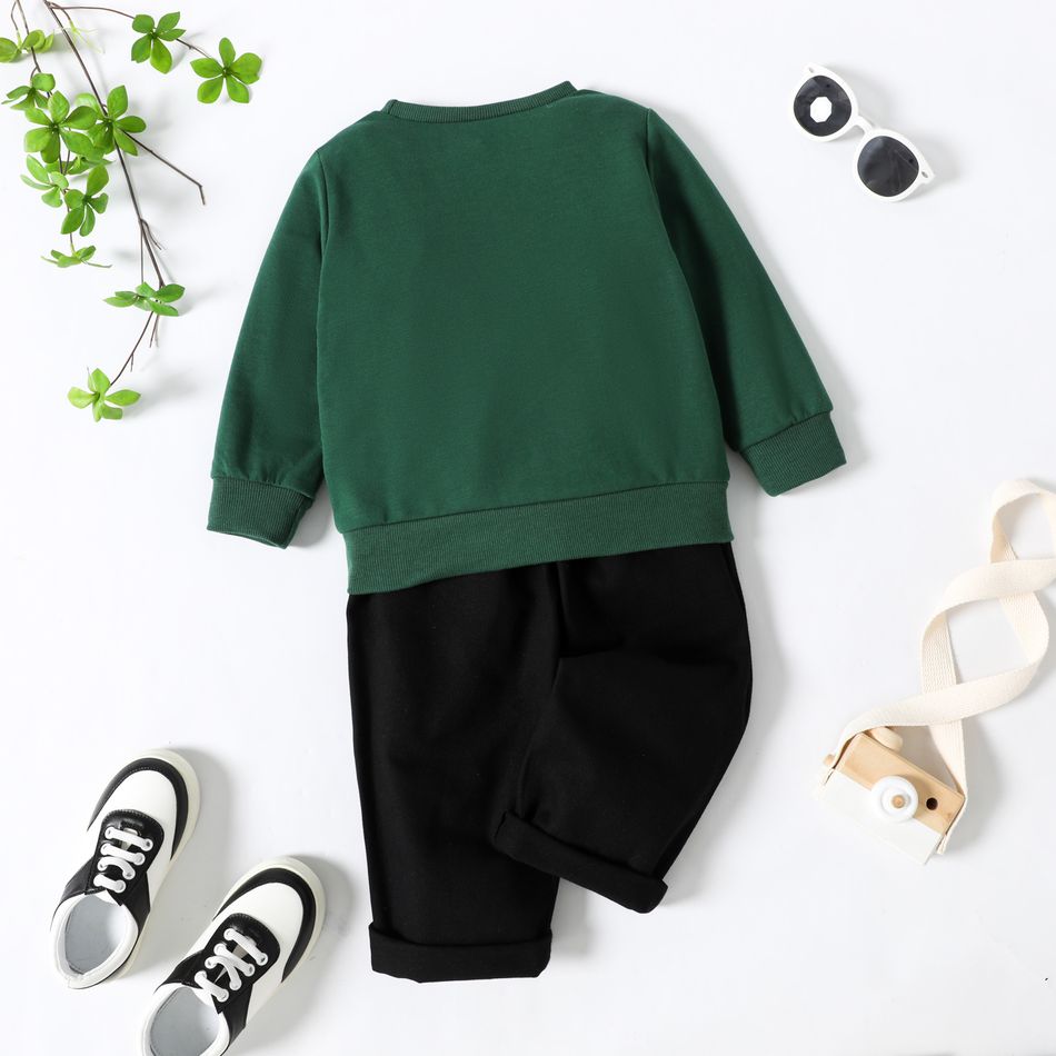 2pcs Toddler Boy Letter Print Green Pullover Sweatshirt and Black Pants Set Green big image 2