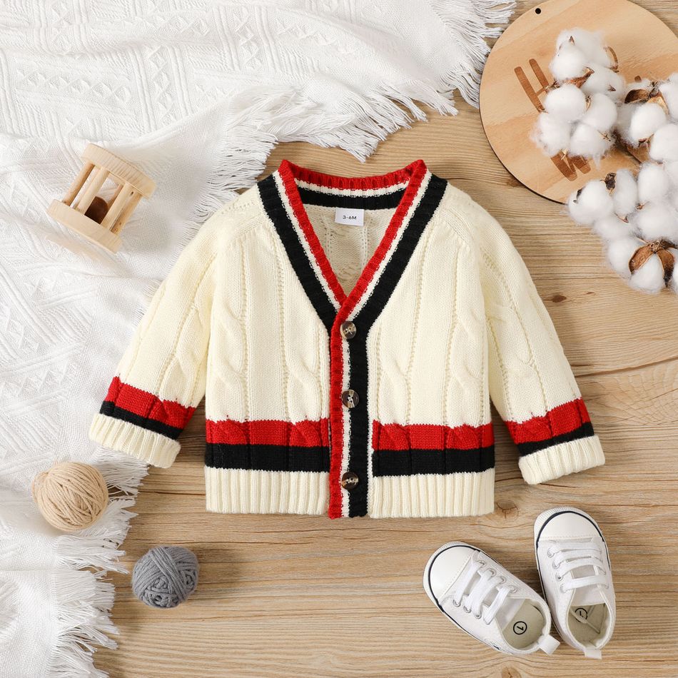 Baby Boy Long-sleeve Colorblock Knitted Button Front Cardigan Sweater Beige big image 1