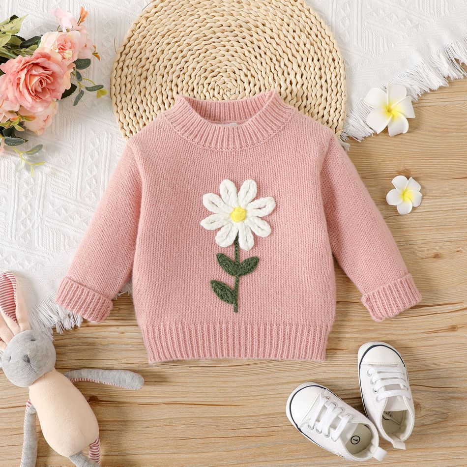Baby Girl Flower Design Long-sleeve Knitted Pullover Sweater Pink big image 1