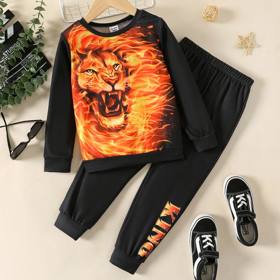 2pcs Kid Boy Animal Lion Flame Print Pullover Sweatshirt and Letter Print Pants Set Black big image 1