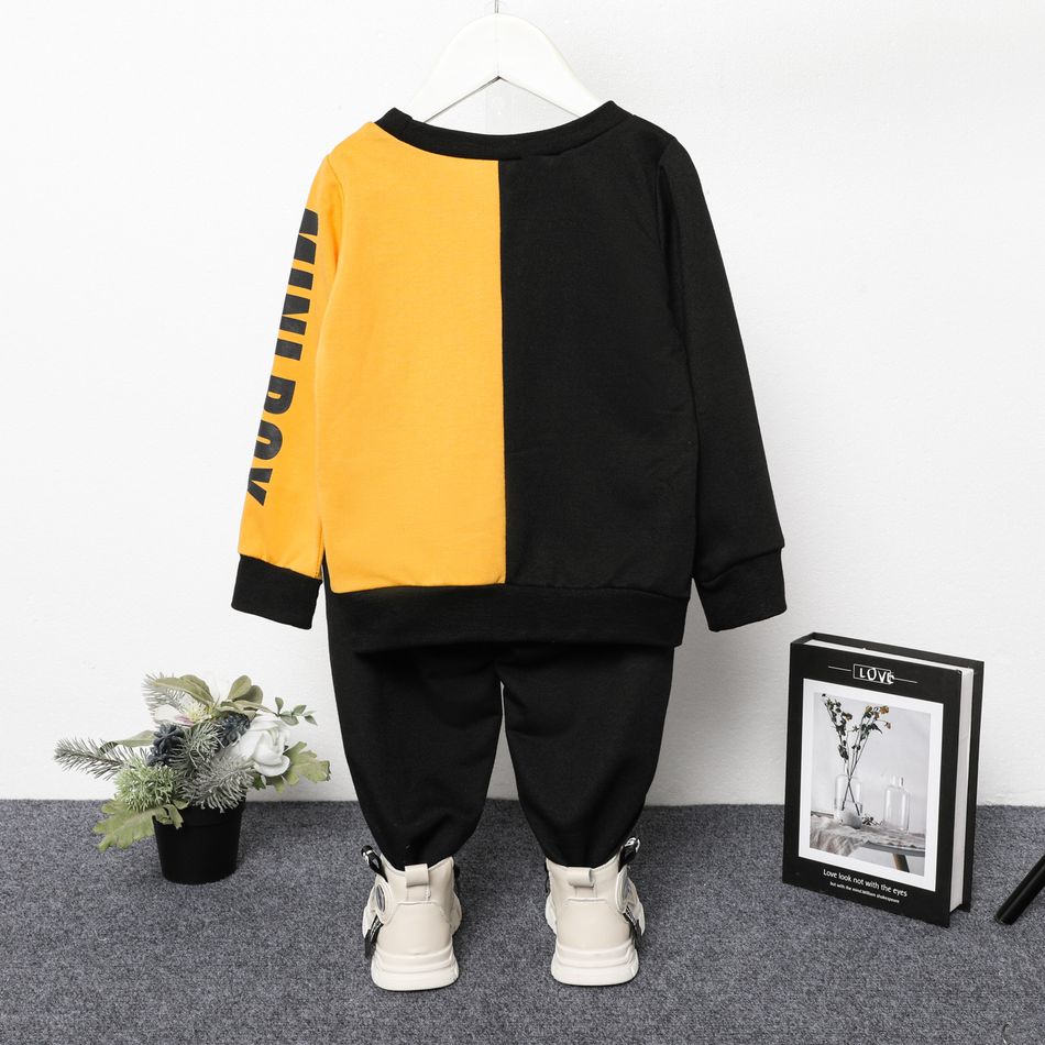 2pcs Toddler Boy Trendy Letter Print Colorblock Sweatshirt and Pants Set Black big image 2