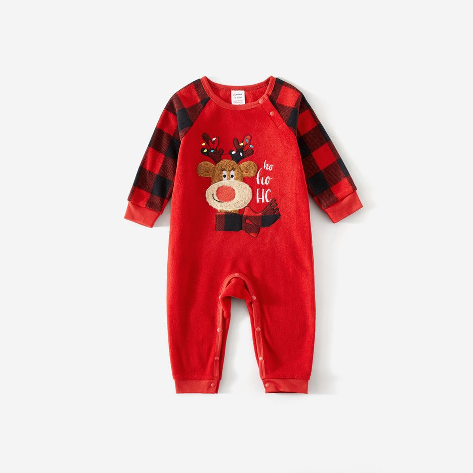 Christmas Family Matching Reindeer Embroidered Red Plaid Raglan-sleeve Thickened Polar Fleece Pajamas Sets (Flame Resistant) redblack big image 12