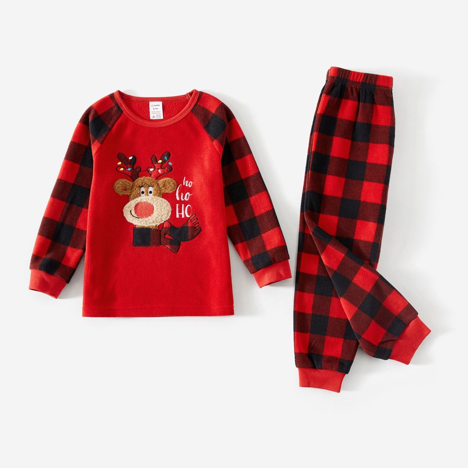 Christmas Family Matching Reindeer Embroidered Red Plaid Raglan-sleeve Thickened Polar Fleece Pajamas Sets (Flame Resistant) redblack big image 11