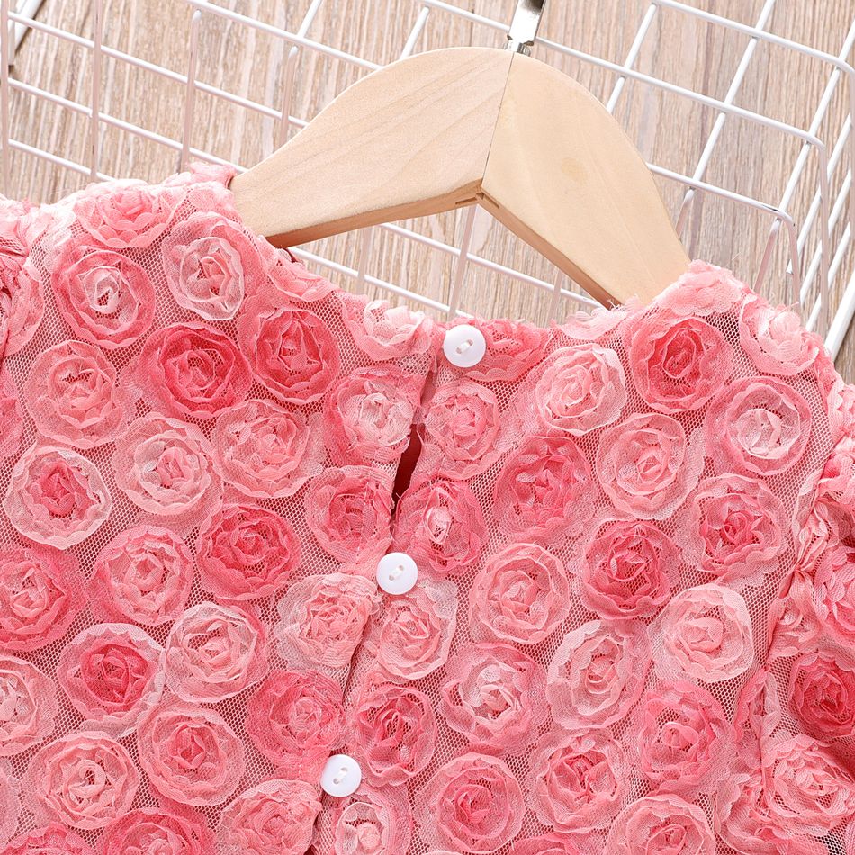 Toddler Girl 3D Floral Design Mesh Splice Pink Short-sleeve Party Evevning Dress Pink big image 3