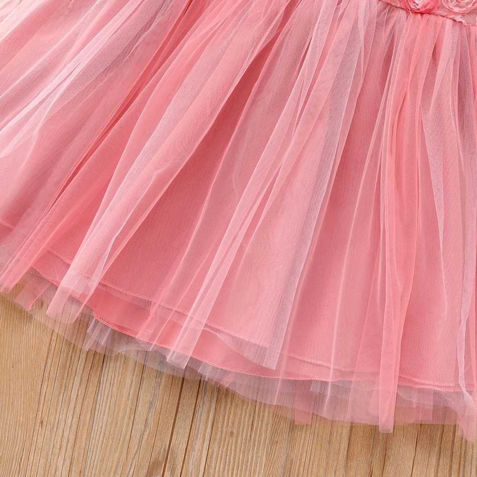 Toddler Girl 3D Floral Design Mesh Splice Pink Short-sleeve Party Evevning Dress Pink big image 4