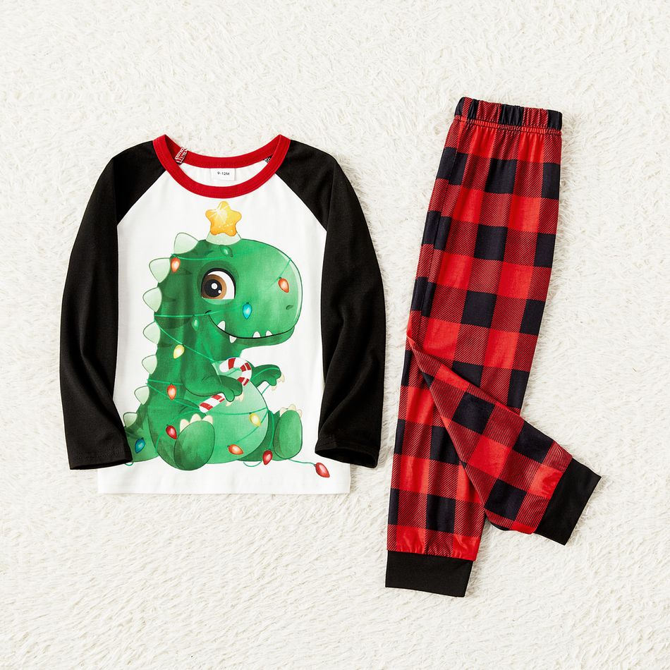 Christmas Family Matching Dinosaur Print Raglan-sleeve Red Plaid Pajamas Sets (Flame Resistant) Black big image 10