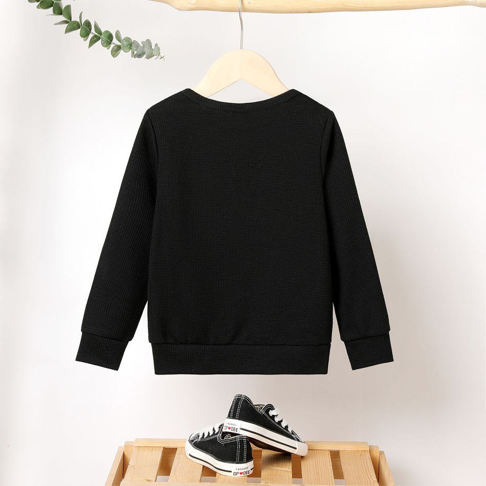 Kid Boy Letter Patch Embroidered Waffle Pullover Sweatshirt Black big image 3