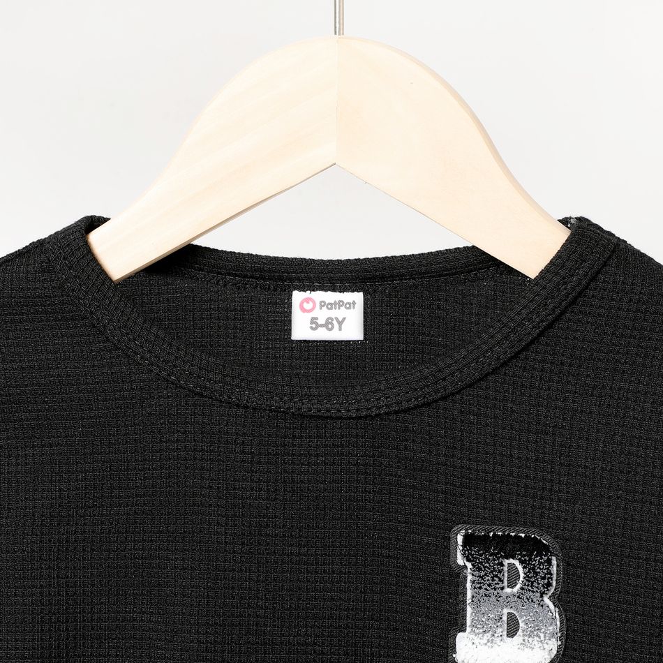 Kid Boy Letter Patch Embroidered Waffle Pullover Sweatshirt Black big image 4