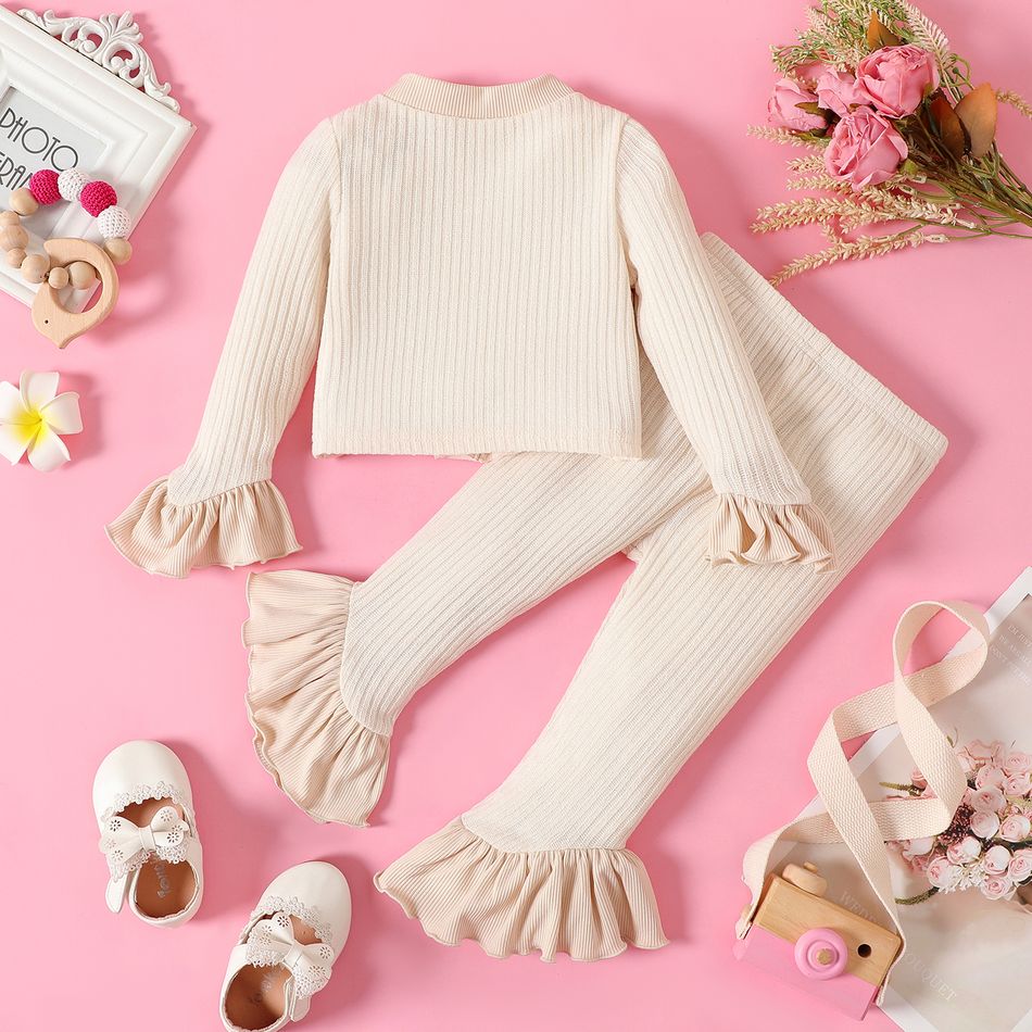 2pcs Baby Girl Button Front Solid Rib Knit Bell-sleeve Cardigan and Ruffle Flared Pants Set OffWhite big image 2