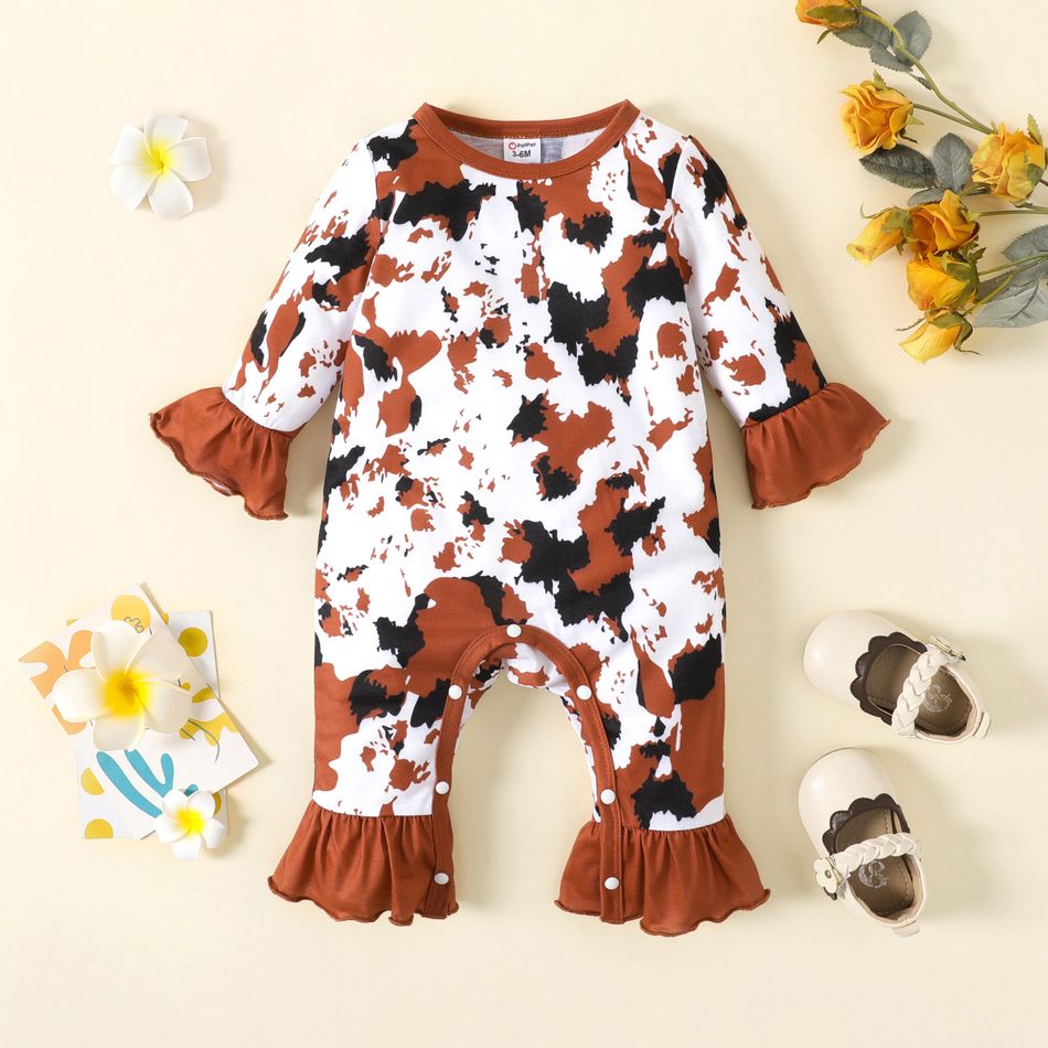 Baby Girl Allover Print Ruffle Trim Long-sleeve Jumpsuit Brown