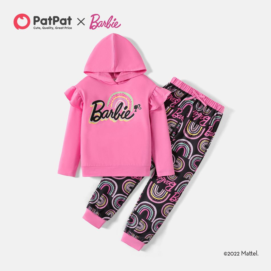 Barbie 2pcs Kid Girl Ruffled Letter Print Pink Cotton Hoodie Sweatshirt and Rainbow Print Pants Set Roseo