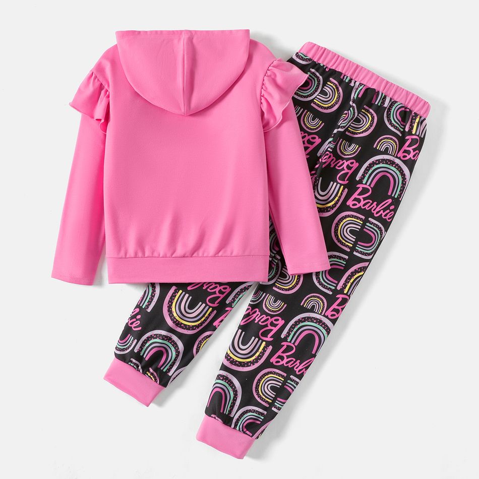 Barbie 2pcs Kid Girl Ruffled Letter Print Pink Cotton Hoodie Sweatshirt and Rainbow Print Pants Set Roseo big image 3