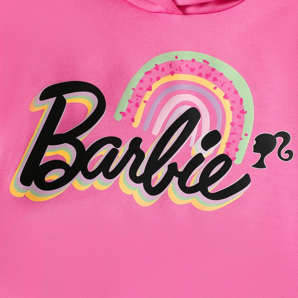 Barbie 2pcs Kid Girl Ruffled Letter Print Pink Cotton Hoodie Sweatshirt and Rainbow Print Pants Set Roseo big image 2