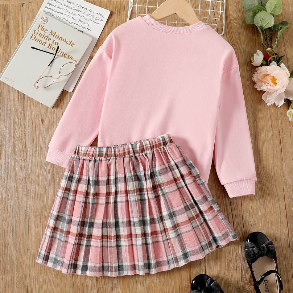 2pcs Kid Girl Heart Embroidered Pink Sweatshirt and Plaid Skirt Set Pink