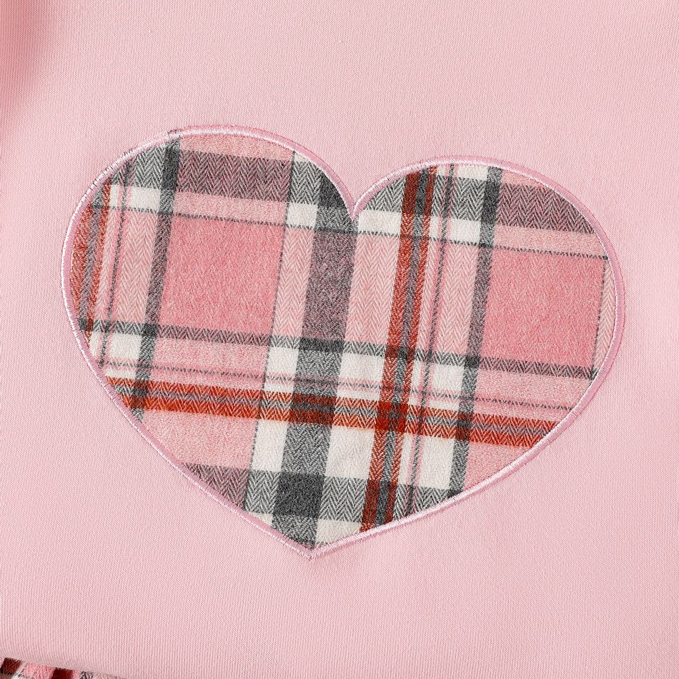 2pcs Kid Girl Heart Embroidered Pink Sweatshirt and Plaid Skirt Set Pink big image 3