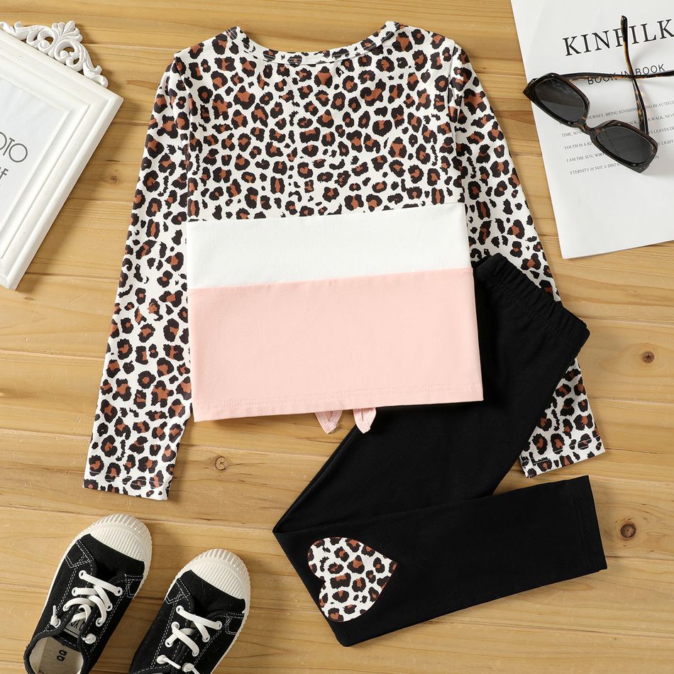 2pcs Kid Girl Leopard Print Colorblock Tie Knot Long-sleeve Te and Black Leggings Set Pink big image 2