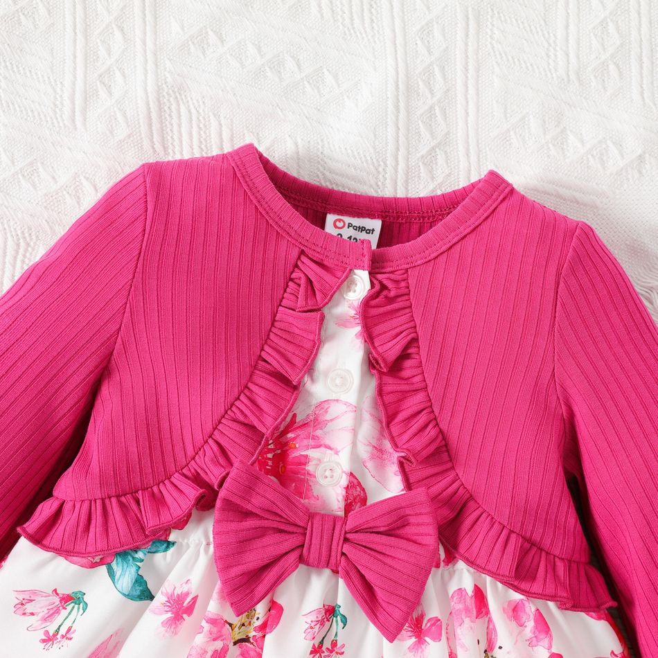 Baby Girl Solid Rib Knit Ruffle Trim Bow Front Long-sleeve Faux-two Floral Print Dress Roseo big image 3