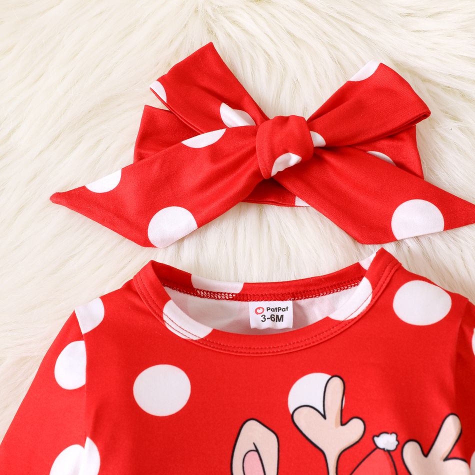 Christmas 2pcs Baby Girl Reindeer Graphic Polka Dot Print Red Long-sleeve Jumpsuit with Headband Set Red big image 3